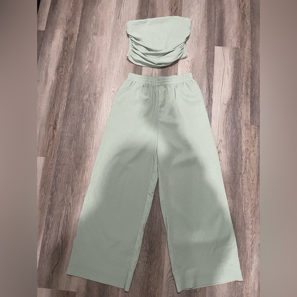Sage Green Wide Leg Pants & Strapless Ruched Top - Picture 7 of 14